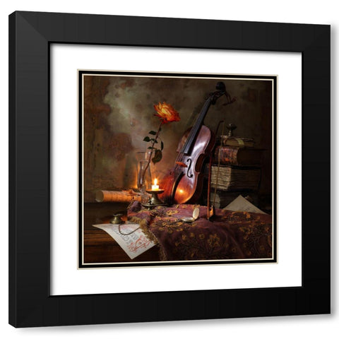 Still Life With Violin And Rose Black Modern Wood Framed Art Print with Double Matting by Morozov, Andrey