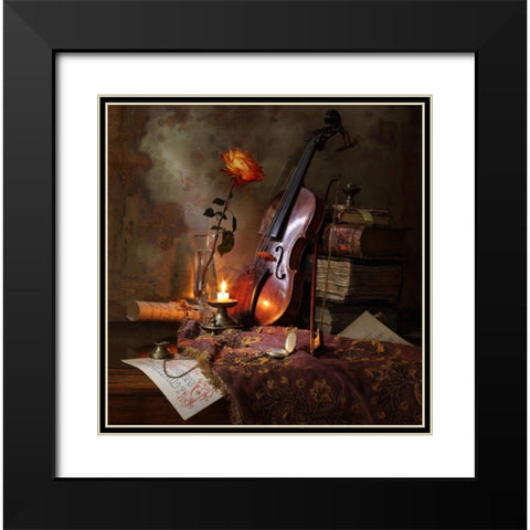 Still Life With Violin And Rose Black Modern Wood Framed Art Print with Double Matting by Morozov, Andrey