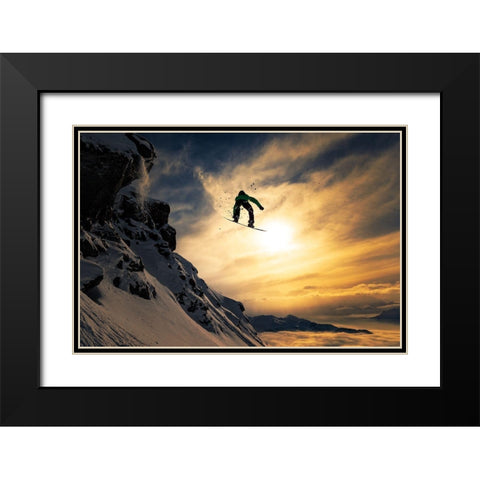 Sunset Snowboarding Black Modern Wood Framed Art Print with Double Matting by Sanne, Jakob
