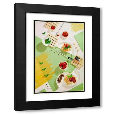 Suprematic Meal: Pasta With Tomato Sauce And Mushrooms Black Modern Wood Framed Art Print with Double Matting by Belenko, Dina