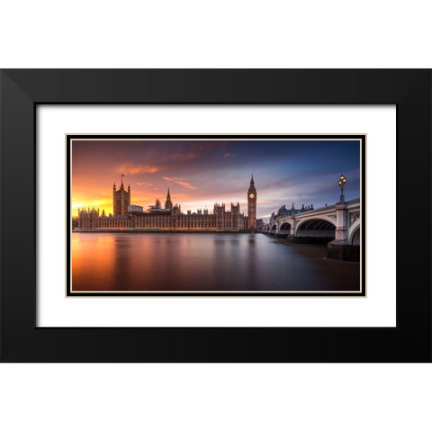 London Palace Of Westminster Sunset Black Modern Wood Framed Art Print with Double Matting by Meraki