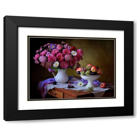 Still Life With A Bouquet Of Asters And Fruits Black Modern Wood Framed Art Print with Double Matting by Skorokhod, Tatyana