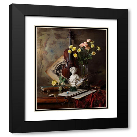 Still Life With Violin And Bust Black Modern Wood Framed Art Print with Double Matting by Morozov, Andrey