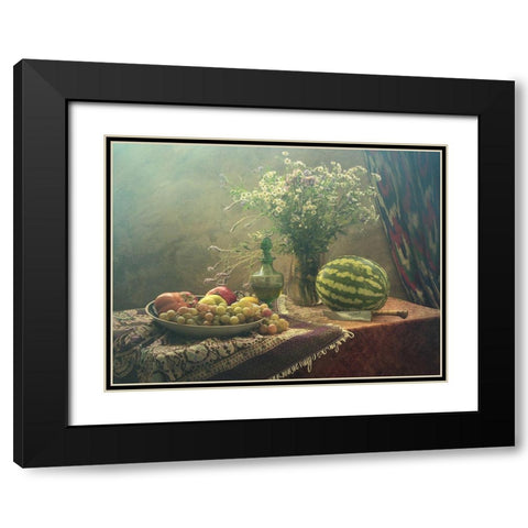 Still Life With Watermelon And Fruit Black Modern Wood Framed Art Print with Double Matting by Ustinagreen