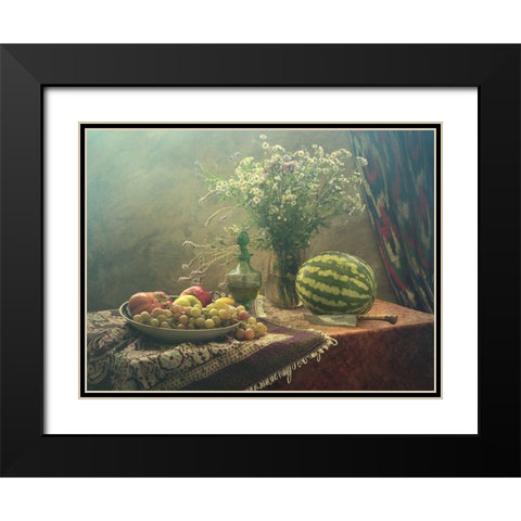 Still Life With Watermelon And Fruit Black Modern Wood Framed Art Print with Double Matting by Ustinagreen