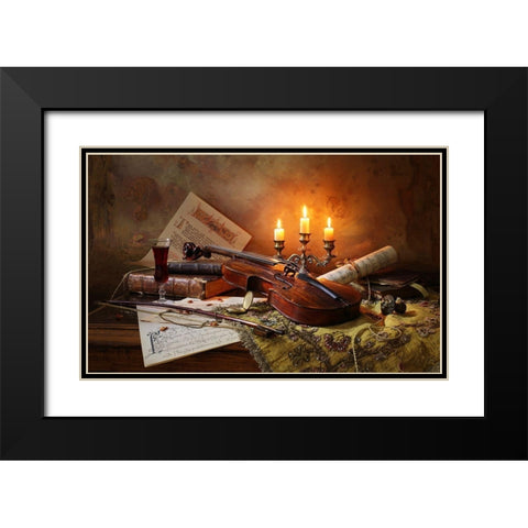 Still Life With Violin And Candles Black Modern Wood Framed Art Print with Double Matting by Morozov, Andrey