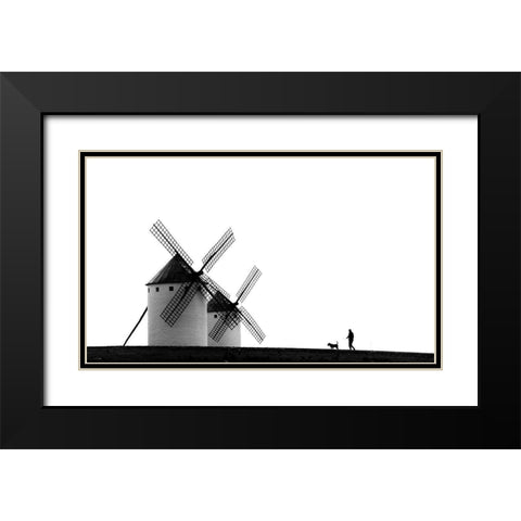 The Man-The Dog And The Windmills Black Modern Wood Framed Art Print with Double Matting by Antonio Pardo, J.