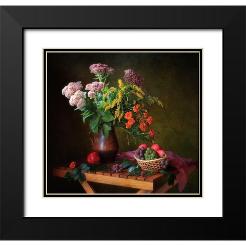 With A Bouquet And Fruits Black Modern Wood Framed Art Print with Double Matting by Skorokhod, Tatyana
