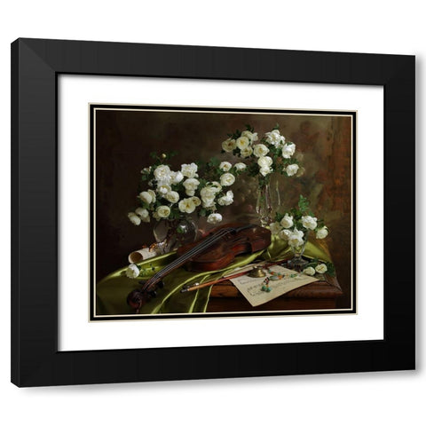 Still Life With Violin And Flowers Black Modern Wood Framed Art Print with Double Matting by Morozov, Andrey