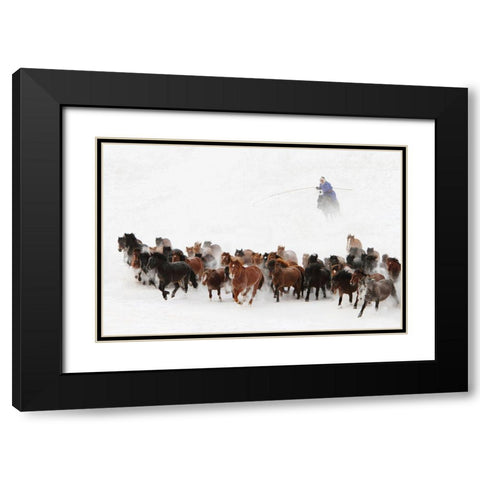 Horse Run In The Snow Black Modern Wood Framed Art Print with Double Matting by Wong, Adam