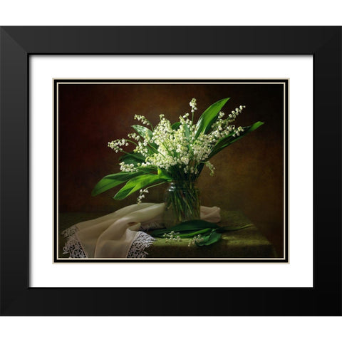 With A Bouquet Of Lilies Of The Valley Black Modern Wood Framed Art Print with Double Matting by Skorokhod, Tatyana