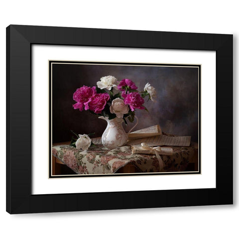 Still Life With Peonies Black Modern Wood Framed Art Print with Double Matting by Lankina, Alina