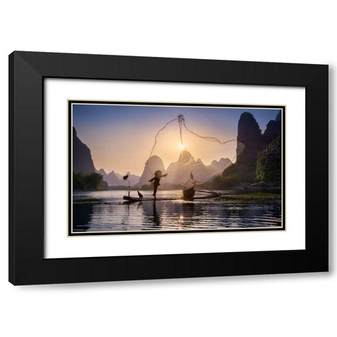 Fishing The Sun Black Modern Wood Framed Art Print with Double Matting by M. Garcia, Jesus