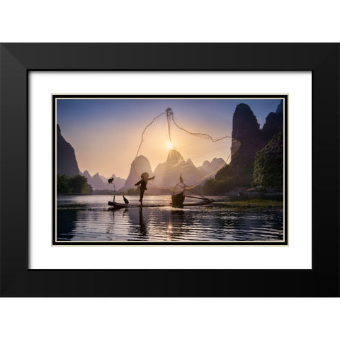 Fishing The Sun Black Modern Wood Framed Art Print with Double Matting by M. Garcia, Jesus