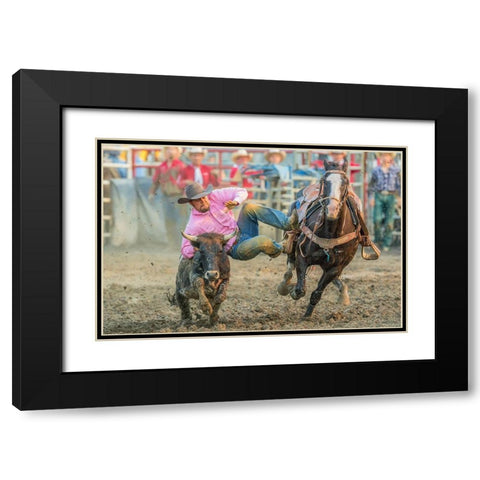 Steer Wrestling Black Modern Wood Framed Art Print with Double Matting by Hua, David