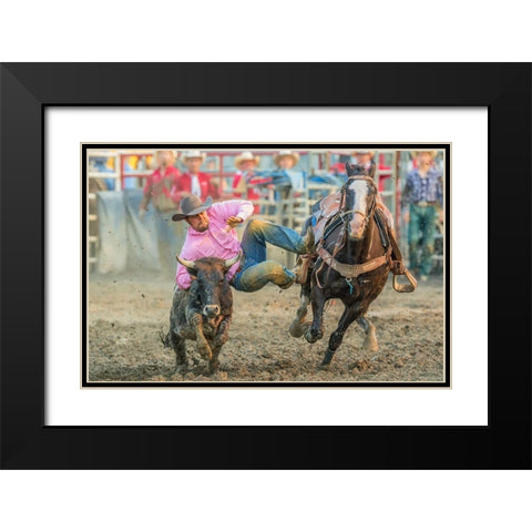 Steer Wrestling Black Modern Wood Framed Art Print with Double Matting by Hua, David