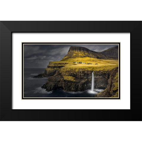 Mulafossur Waterfall Black Modern Wood Framed Art Print with Double Matting by Chan, Mozart