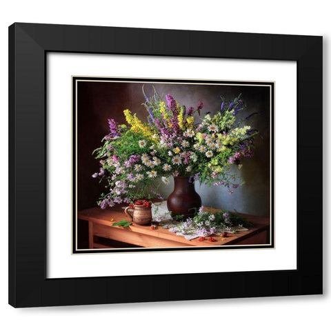 Still Life With Wildflowers And Berries Black Modern Wood Framed Art Print with Double Matting by Skorokhod, Tatyana