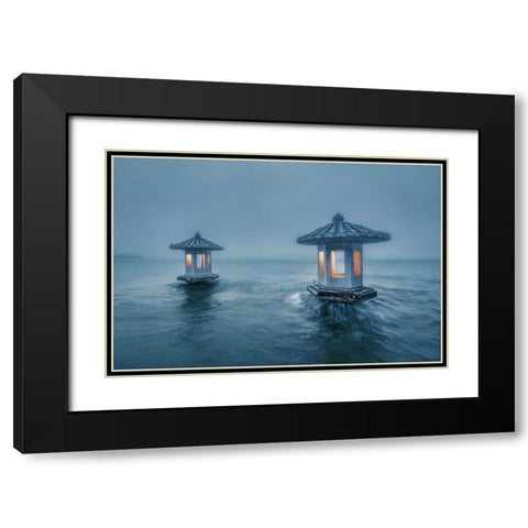 Chuiguang Pavilion Black Modern Wood Framed Art Print with Double Matting by Liwulei