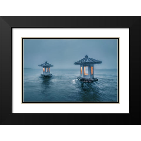 Chuiguang Pavilion Black Modern Wood Framed Art Print with Double Matting by Liwulei