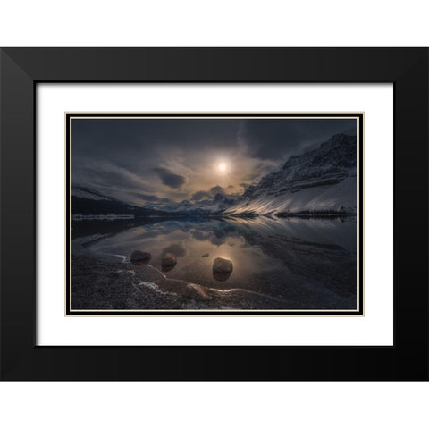 Moody Lake Black Modern Wood Framed Art Print with Double Matting by Wangqian, Jerry