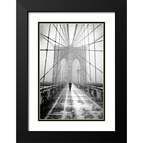 New York Walker in Blizzard - Brooklyn Bridge Black Modern Wood Framed Art Print with Double Matting by Froyda, Martin