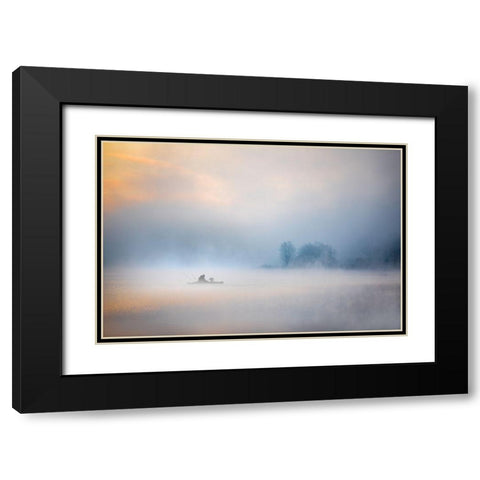 Foggy Lake Black Modern Wood Framed Art Print with Double Matting by Cloud, Mountain
