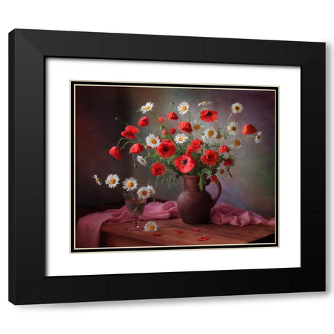 Still Life With A Bouquet Of Poppies And Chamomile Black Modern Wood Framed Art Print with Double Matting by Skorokhod, Tatyana