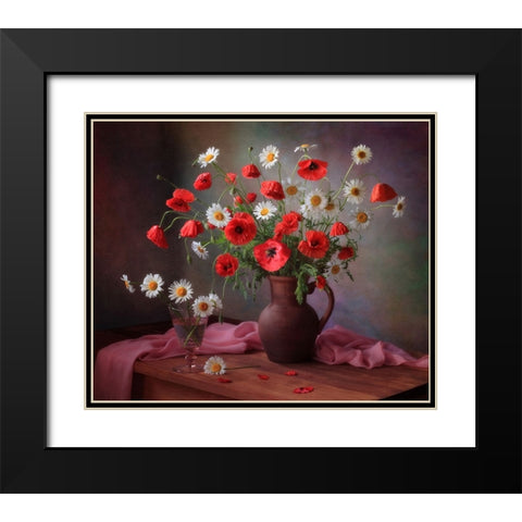 Still Life With A Bouquet Of Poppies And Chamomile Black Modern Wood Framed Art Print with Double Matting by Skorokhod, Tatyana