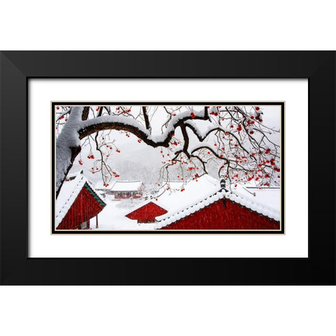 Snow In Temple Black Modern Wood Framed Art Print with Double Matting by Namkoong, Bongok