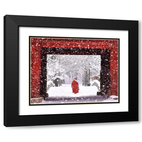 Monk In Snowy Day Black Modern Wood Framed Art Print with Double Matting by Namkoong, Bongok