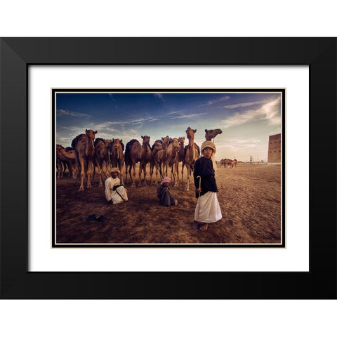 Boys With Camles Black Modern Wood Framed Art Print with Double Matting by Nid