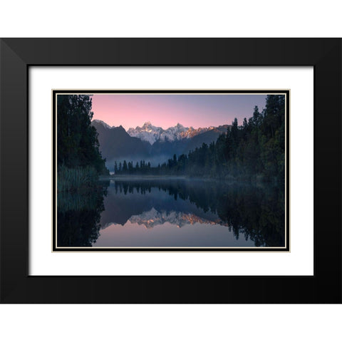 Lake Matheson Black Modern Wood Framed Art Print with Double Matting by Zhu, Jingshu