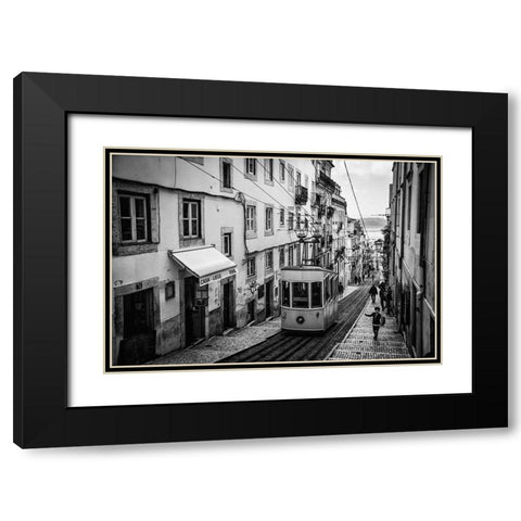 Tram In Lisbon Black Modern Wood Framed Art Print with Double Matting by Urrutia, Adolfo