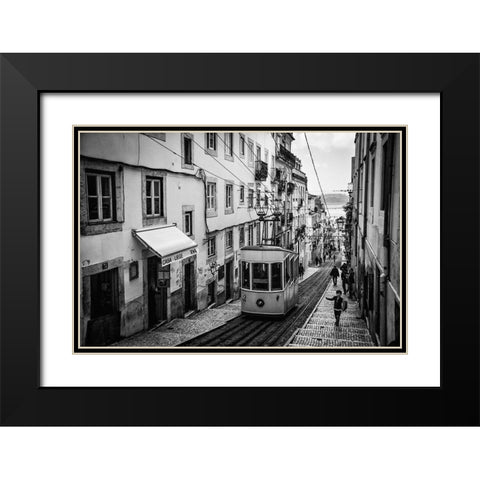 Tram In Lisbon Black Modern Wood Framed Art Print with Double Matting by Urrutia, Adolfo