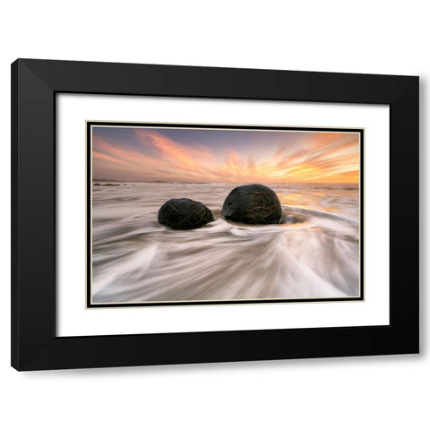 Moeraki Boulders Black Modern Wood Framed Art Print with Double Matting by Zhu, Jingshu