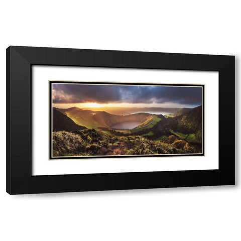 Azores - Sete Cidades Sunset Panorama Black Modern Wood Framed Art Print with Double Matting by Claude Castor, Jean