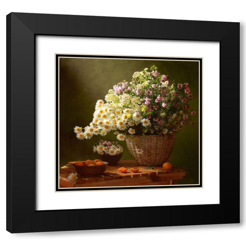 Still Life With A Basket Of Wildflowers Black Modern Wood Framed Art Print with Double Matting by Skorokhod, Tatyana