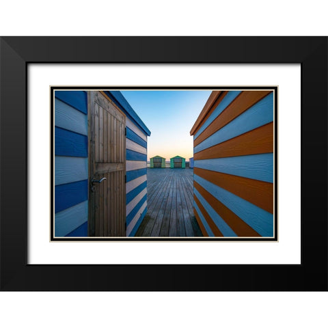 Beach Huts On The Pier Black Modern Wood Framed Art Print with Double Matting by Wride, Linda