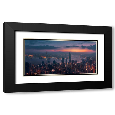 Sunrising Hong Kong Black Modern Wood Framed Art Print with Double Matting by De La, Javier