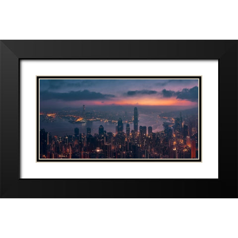 Sunrising Hong Kong Black Modern Wood Framed Art Print with Double Matting by De La, Javier
