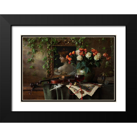 Still Life With Violin And Flowers Black Modern Wood Framed Art Print with Double Matting by Morozov, Andrey