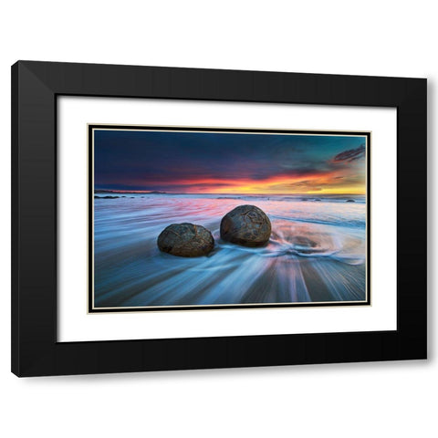 Moeraki Boulders Black Modern Wood Framed Art Print with Double Matting by Zhang, Yan