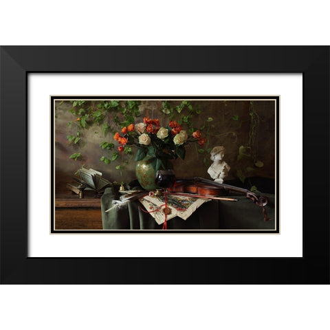 Still Life With Violin And Flowers Black Modern Wood Framed Art Print with Double Matting by Morozov, Andrey