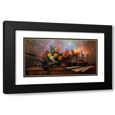 Still Life With Violin And Flowers Black Modern Wood Framed Art Print with Double Matting by Morozov, Andrey