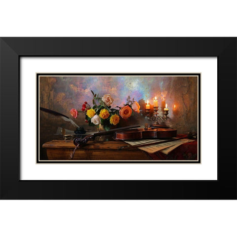 Still Life With Violin And Flowers Black Modern Wood Framed Art Print with Double Matting by Morozov, Andrey