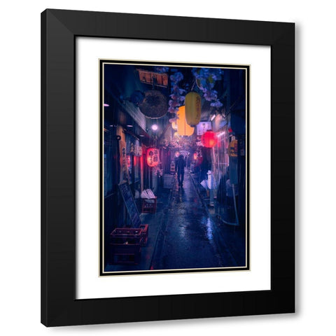 Tokyo Blue Rain Black Modern Wood Framed Art Print with Double Matting by De La, Javier