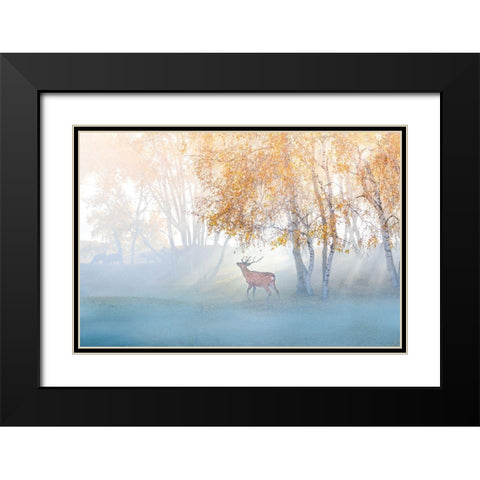 Elk Lost In Mist Black Modern Wood Framed Art Print with Double Matting by Simoon