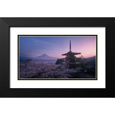 Mt Fuji Sakura Black Modern Wood Framed Art Print with Double Matting by De La, Javier