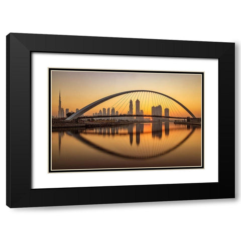 Sunrise At The Dubai Water Canal Black Modern Wood Framed Art Print with Double Matting by Shamaa, Mohammed